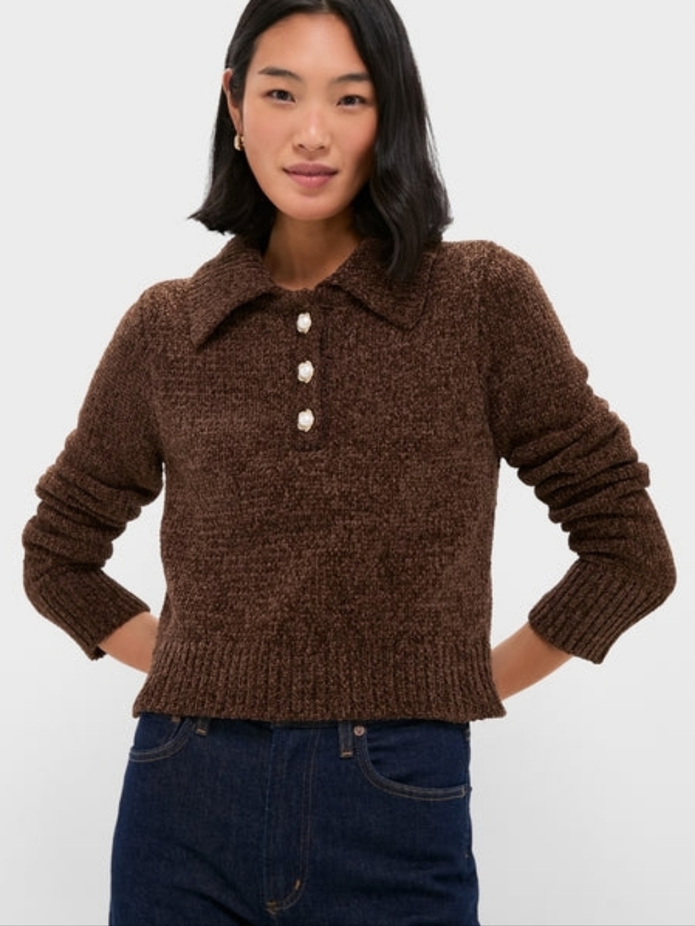 Line & Dot Chocolate Brown Bouclé Polo Sweater with Pearl Buttons